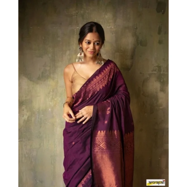 Women's Silk Printed Saree With Unstitched Blouse 5.5Mtr (Wine) - Image 2