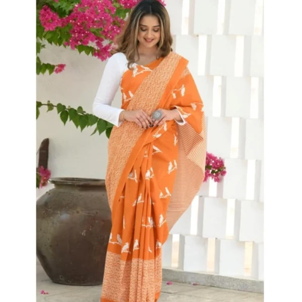 Women's Silk Printed Saree With Unstitched Blouse 5.5Mtr (Orange) - Image 3