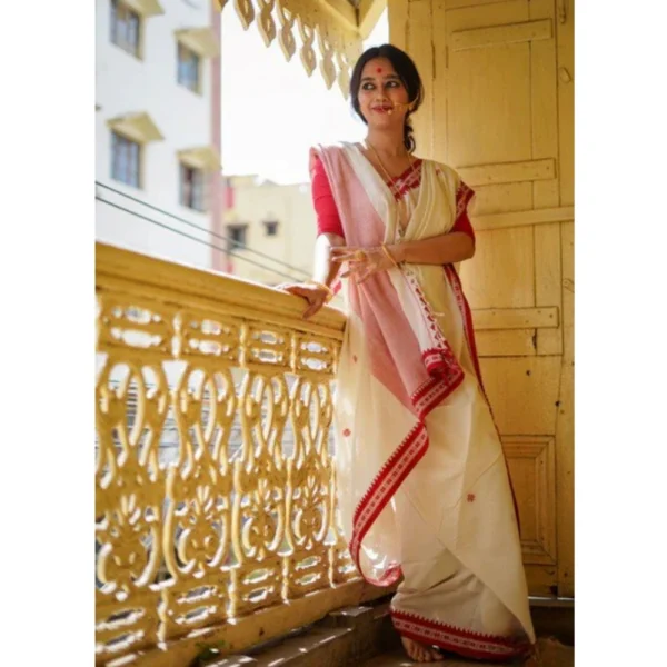 Women's Cotton  Printed Saree With Unstitched Blouse 5.5Mtr (White) - Image 3