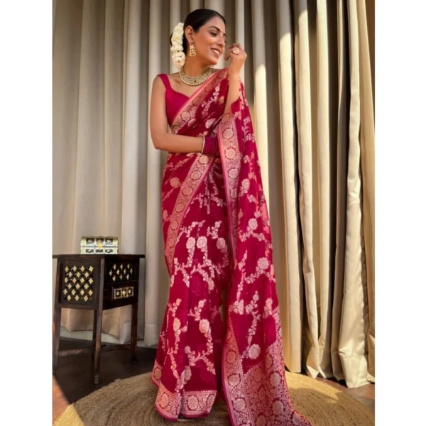 Women's Silk Printed Saree With Unstitched Blouse 5.5Mtr (Pink) - Image 3