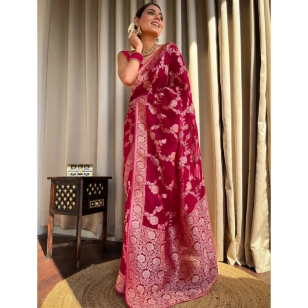 Women's Silk Printed Saree With Unstitched Blouse 5.5Mtr (Pink) - Image 2