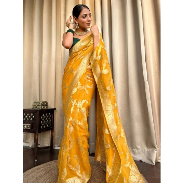 Women's Silk Printed Saree With Unstitched Blouse 5.5Mtr (Gold Yellow) - Image 2