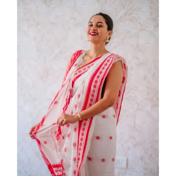 Women's Cotton  Printed Saree With Unstitched Blouse 5.5Mtr (White-Pink) - Image 2