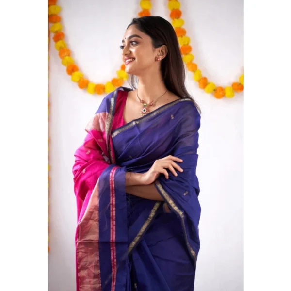 Women's Cotton  Printed Saree With Unstitched Blouse 5.5Mtr (Blue) - Image 3