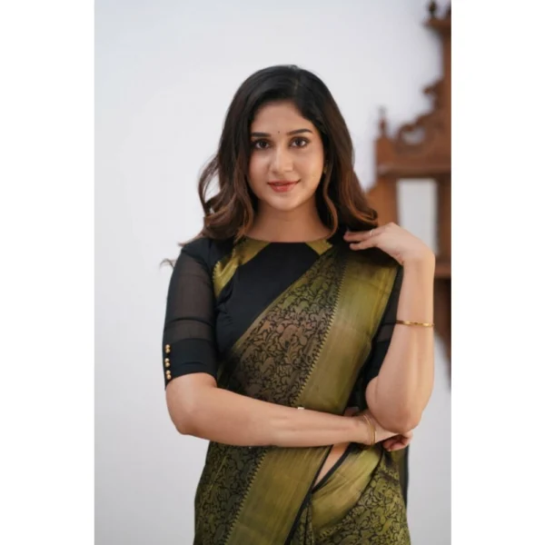 Women's Silk Printed Saree With Unstitched Blouse 5.5Mtr (Black) - Image 2