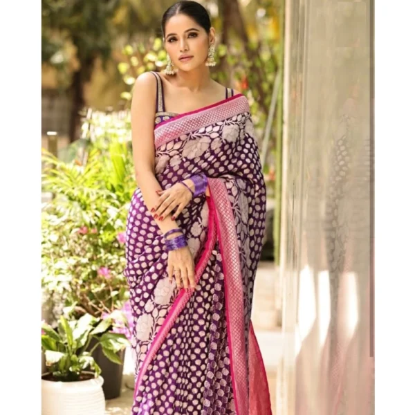 Women's Silk Printed Saree With Unstitched Blouse 5.5Mtr (Purple) - Image 2