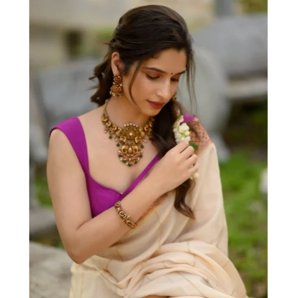 Women's Silk Printed Saree With Unstitched Blouse 5.5Mtr (Off White-Pink) - Image 2