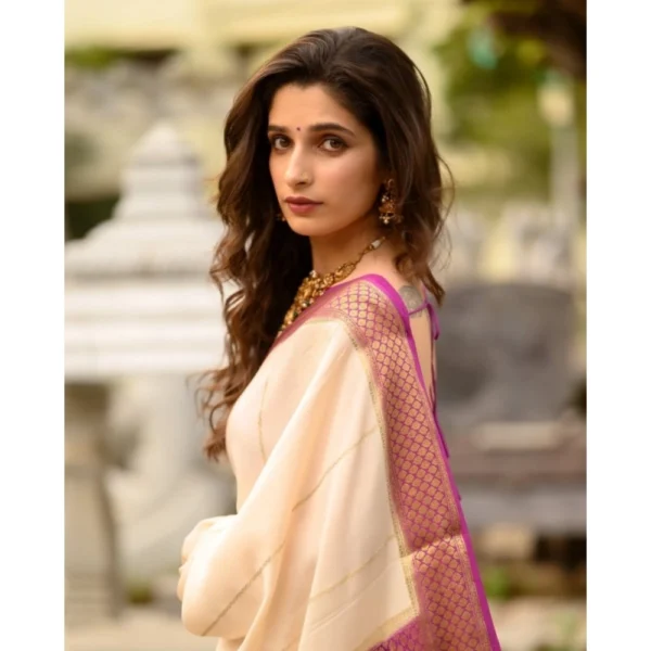 Women's Silk Printed Saree With Unstitched Blouse 5.5Mtr (Off White-Pink) - Image 3