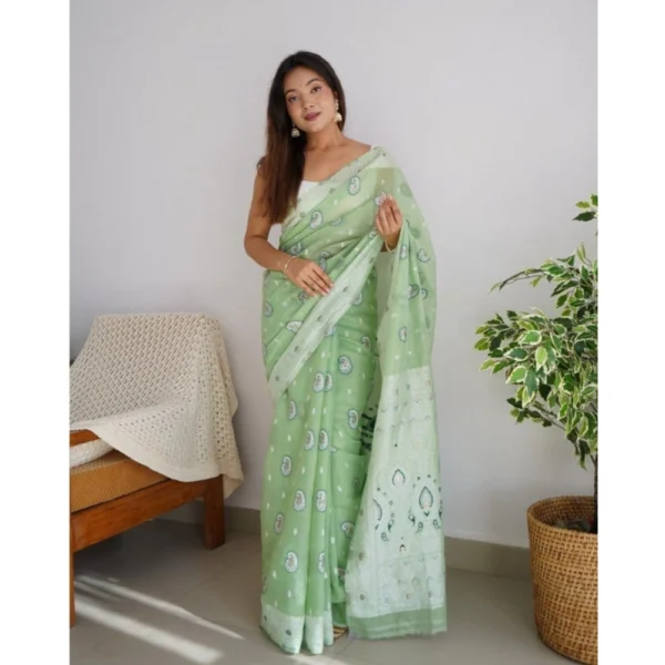 Women's Cotton  Printed Saree With Unstitched Blouse 5.5Mtr (Pista) - Image 2