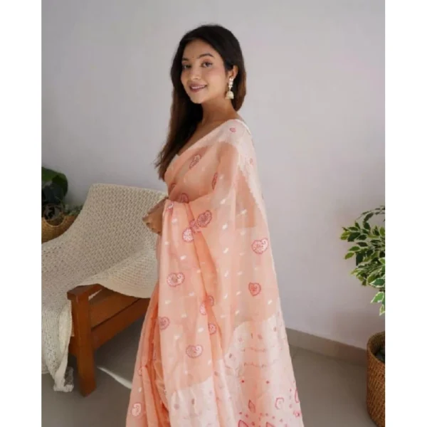 Women's Cotton  Printed Saree With Unstitched Blouse 5.5Mtr (Peach) - Image 3