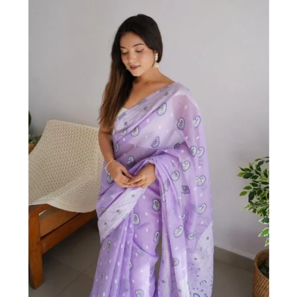 Women's Cotton  Printed Saree With Unstitched Blouse 5.5Mtr (Lavender) - Image 3
