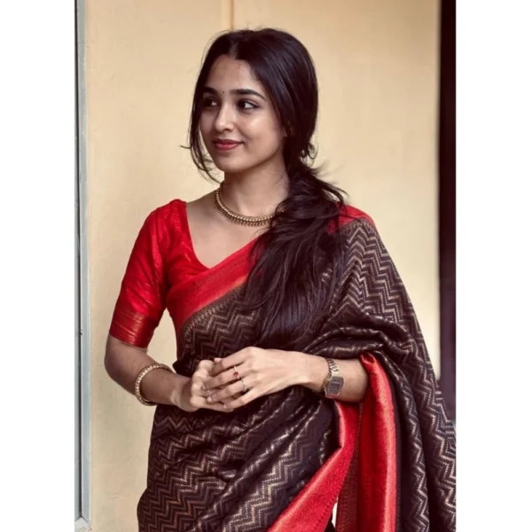 Women's Silk Printed Saree With Unstitched Blouse 5.5Mtr (Brown) - Image 3
