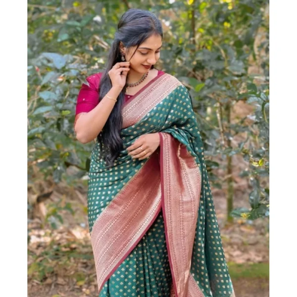 Women's Silk Printed Saree With Unstitched Blouse 5.5Mtr (Green-Red) - Image 2