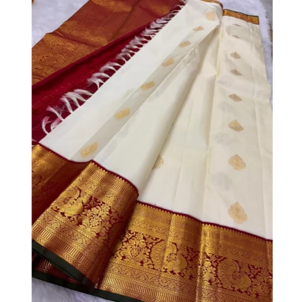 Women's Silk Printed Saree With Unstitched Blouse 5.5Mtr (Off White-Red) - Image 2