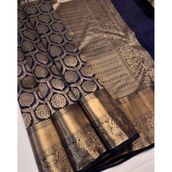 Women's Silk Printed Saree With Unstitched Blouse 5.5Mtr (Navy Blue) - Image 3