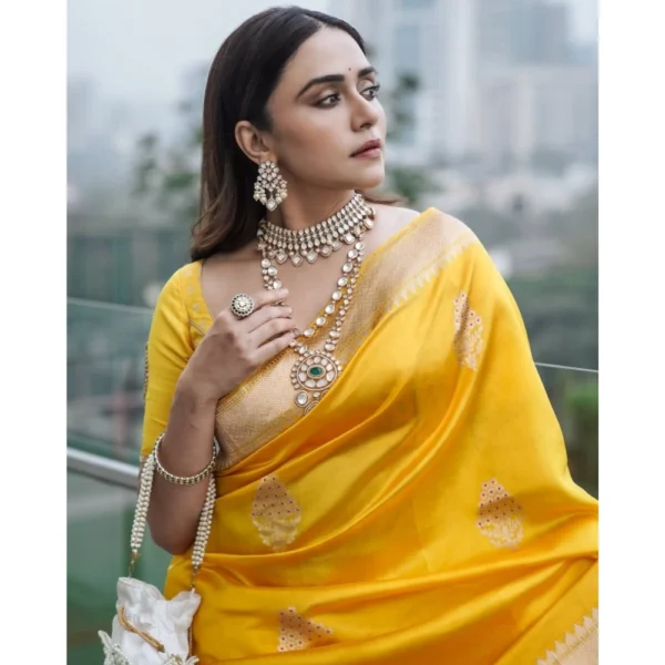 Women's Silk Printed Saree With Unstitched Blouse 5.5Mtr (Yellow) - Image 3