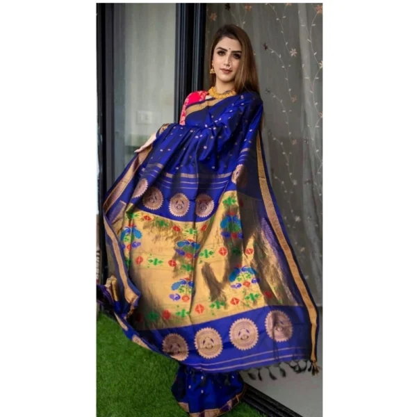 Women's Silk Printed Saree With Unstitched Blouse 5.5Mtr (Blue) - Image 2