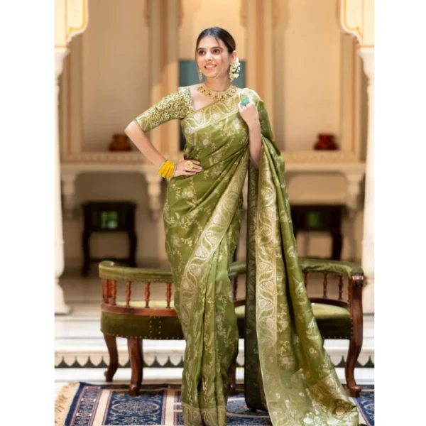 Women's Silk Printed Saree With Unstitched Blouse 5.5Mtr (Olive Green) - Image 3