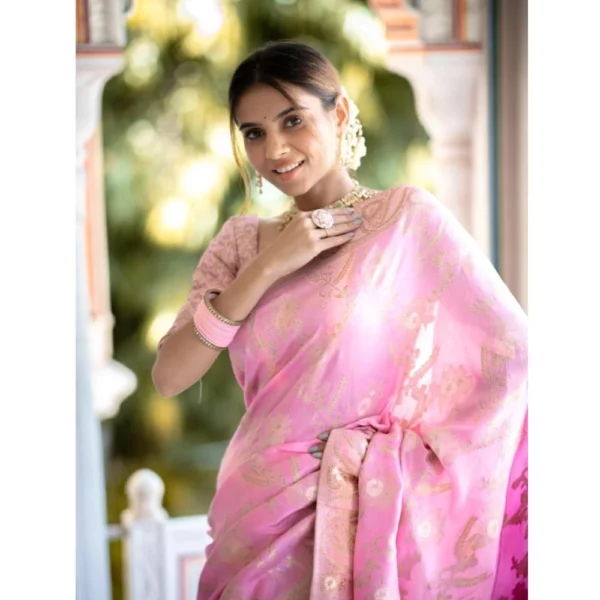 Women's Silk Printed Saree With Unstitched Blouse 5.5Mtr (Pink) - Image 2