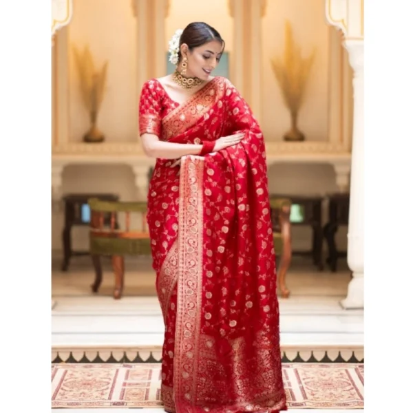 Women's Silk Printed Saree With Unstitched Blouse 5.5Mtr (Red) - Image 2