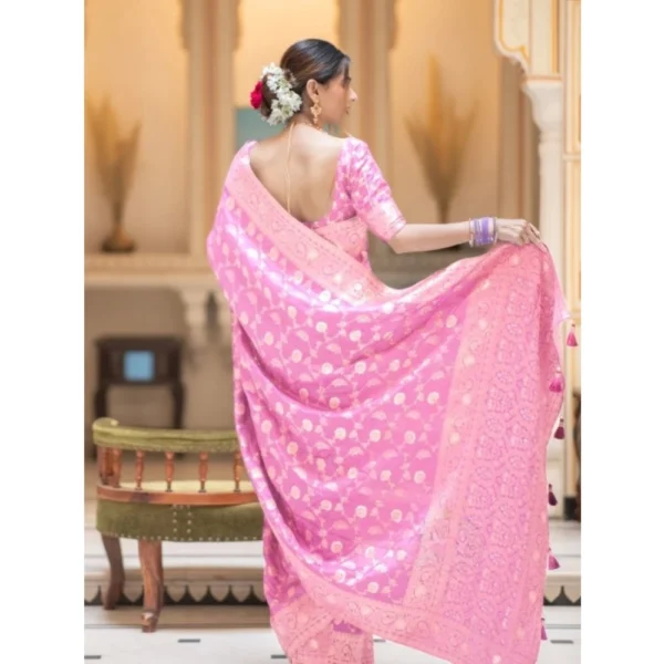 Women's Silk Printed Saree With Unstitched Blouse 5.5Mtr (Pink) - Image 3