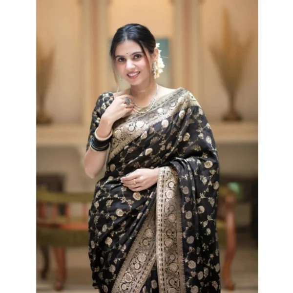 Women's Silk Printed Saree With Unstitched Blouse 5.5Mtr (Black) - Image 3