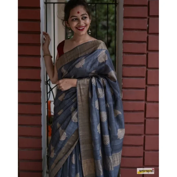 Women's Silk Printed Saree With Unstitched Blouse 5.5Mtr (Grey) - Image 2