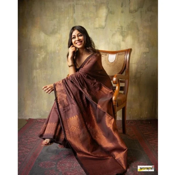Women's Silk Printed Saree With Unstitched Blouse 5.5Mtr (Coffee) - Image 2