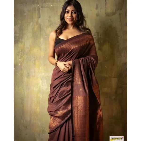 Women's Silk Printed Saree With Unstitched Blouse 5.5Mtr (Coffee) - Image 3
