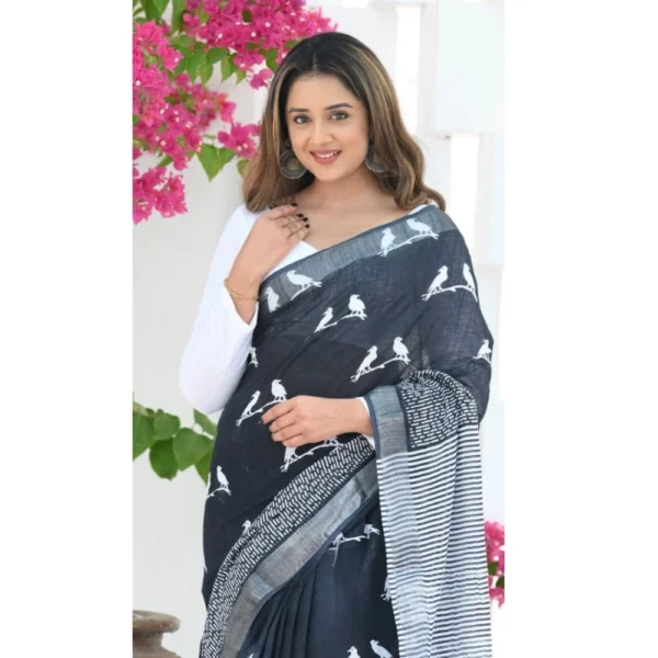 Women's Silk Printed Saree With Unstitched Blouse 5.5Mtr (Black) - Image 2