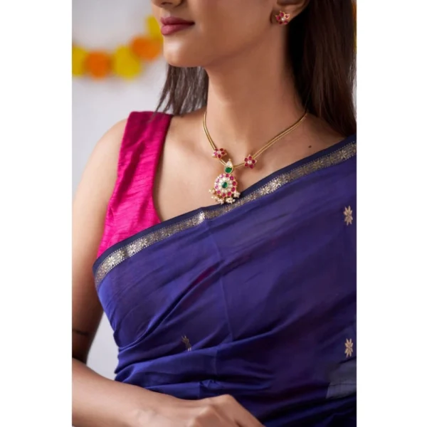 Women's Cotton  Printed Saree With Unstitched Blouse 5.5Mtr (Blue) - Image 2