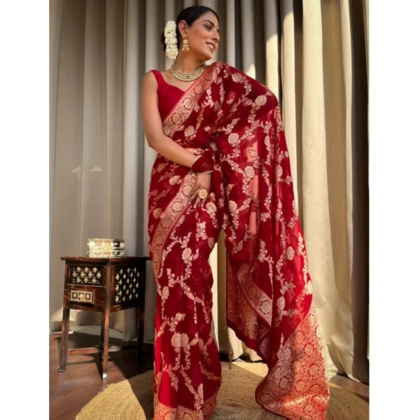 Women's Silk Printed Saree With Unstitched Blouse 5.5Mtr (Red) - Image 3