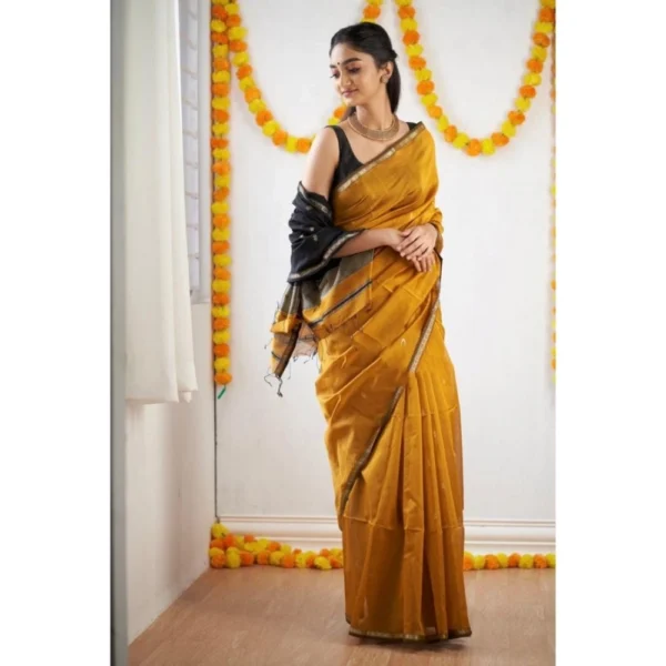 Women's Cotton  Printed Saree With Unstitched Blouse 5.5Mtr (Yellow) - Image 3