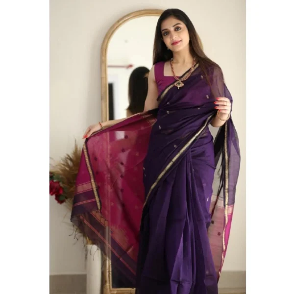 Women's Cotton  Printed Saree With Unstitched Blouse 5.5Mtr (Navy Blue) - Image 3