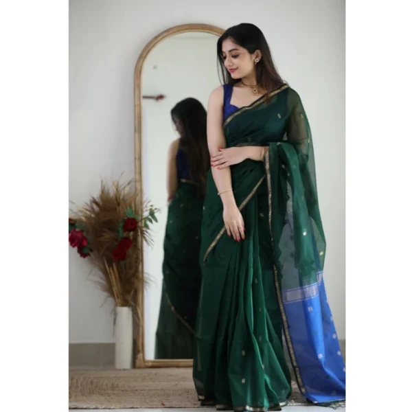 Women's Cotton  Printed Saree With Unstitched Blouse 5.5Mtr (Green) - Image 3