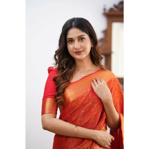 Women's Silk Printed Saree With Unstitched Blouse 5.5Mtr (Orange) - Image 3