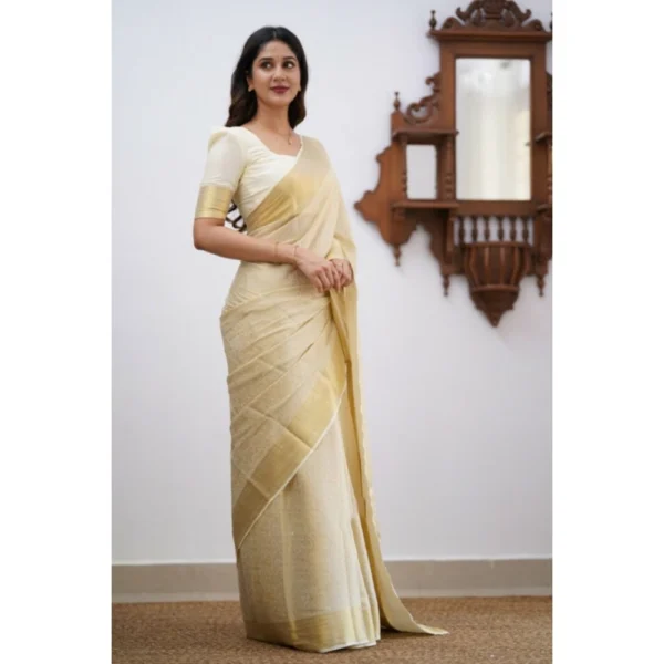 Women's Silk Printed Saree With Unstitched Blouse 5.5Mtr (Cream) - Image 2