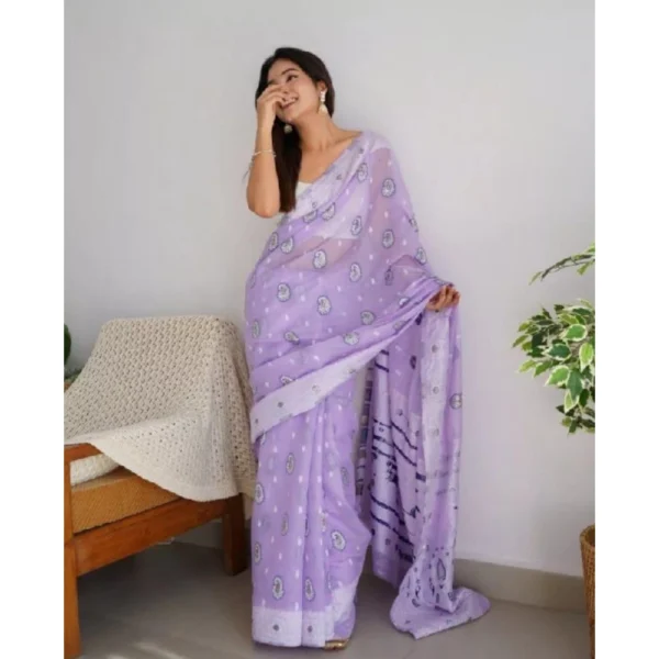 Women's Cotton  Printed Saree With Unstitched Blouse 5.5Mtr (Lavender) - Image 2