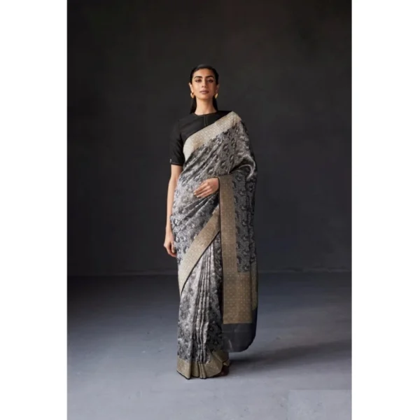 Women's Silk Printed Saree With Unstitched Blouse 5.5Mtr (Grey) - Image 3