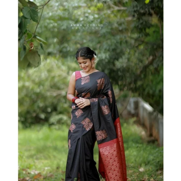 Women's Silk Printed Saree With Unstitched Blouse 5.5Mtr (Black-Red) - Image 3