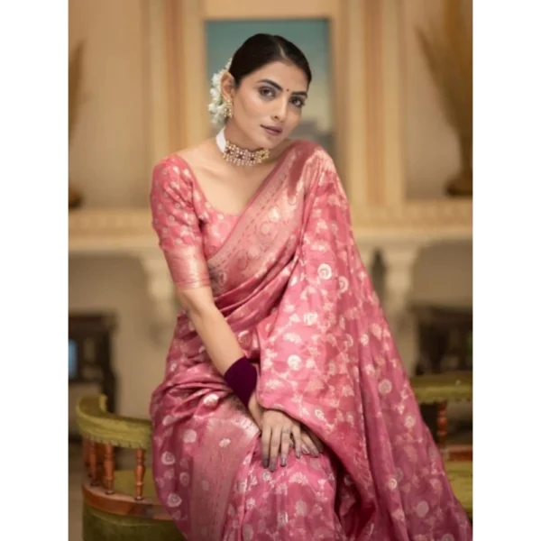 Women's Silk Printed Saree With Unstitched Blouse 5.5Mtr (Peach) - Image 2