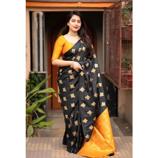 Women's Silk Printed Saree With Unstitched Blouse 5.5Mtr (Yellow) - Image 2