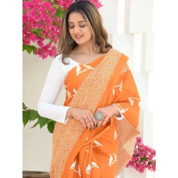 Women's Silk Printed Saree With Unstitched Blouse 5.5Mtr (Orange) - Image 2