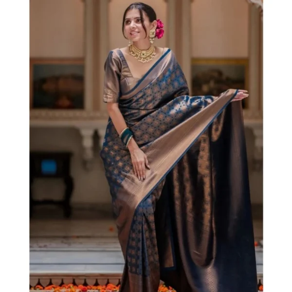 Women's Silk Printed Saree With Unstitched Blouse 5.5Mtr (Blue) - Image 3