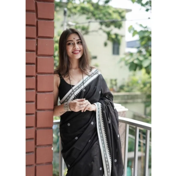 Women's Cotton  Printed Saree With Unstitched Blouse 5.5Mtr (Black) - Image 2