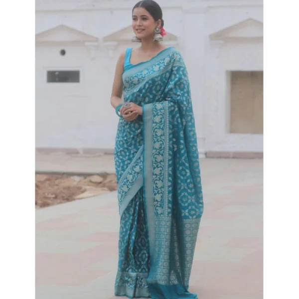 Women's Silk Printed Saree With Unstitched Blouse 5.5Mtr (Sky Blue) - Image 3