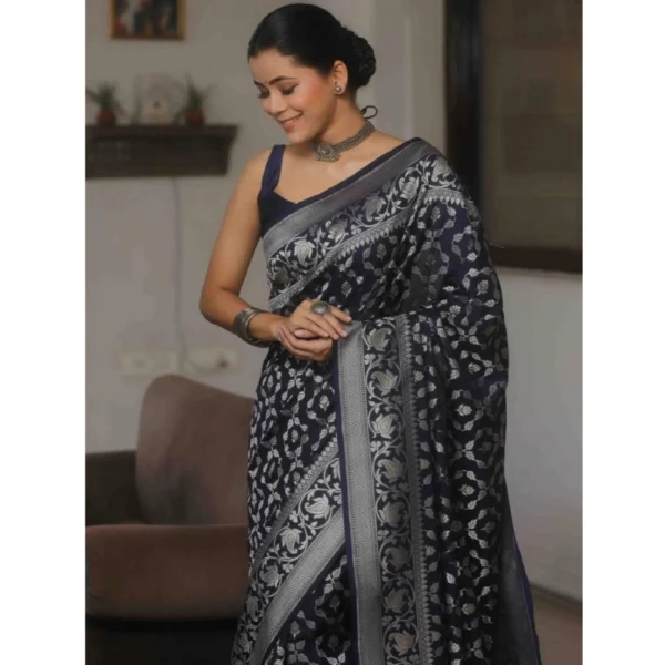 Women's Silk Printed Saree With Unstitched Blouse 5.5Mtr (Navy Blue) - Image 2