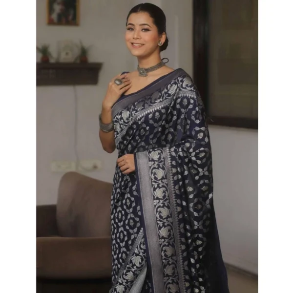 Women's Silk Printed Saree With Unstitched Blouse 5.5Mtr (Navy Blue) - Image 3