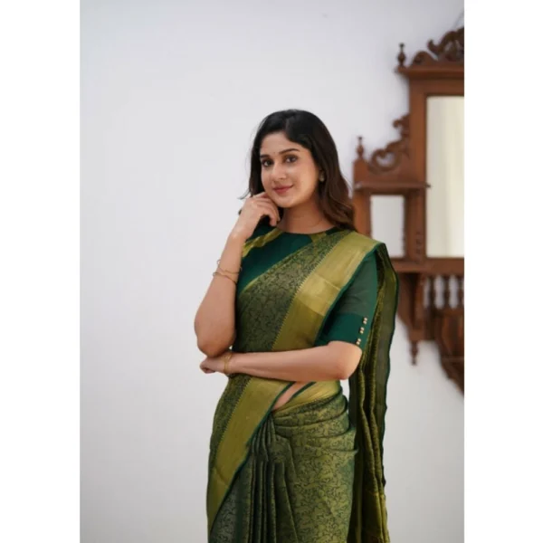 Women's Silk Printed Saree With Unstitched Blouse 5.5Mtr (Green) - Image 2