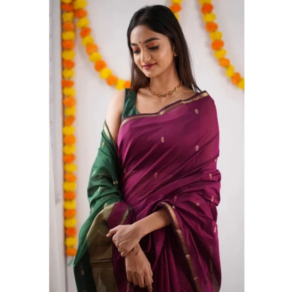 Women's Cotton  Printed Saree With Unstitched Blouse 5.5Mtr (Wine) - Image 2
